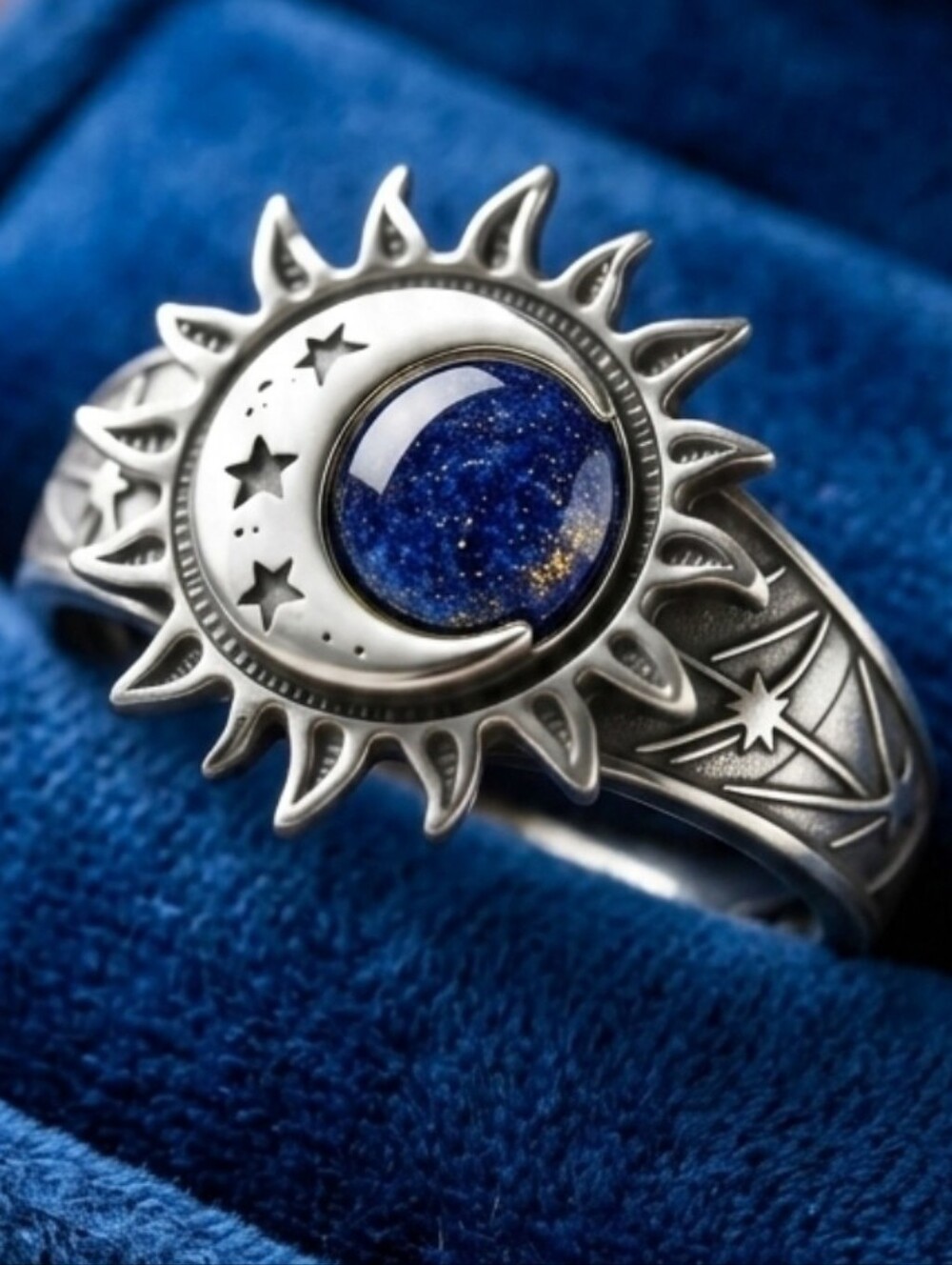 S925 Sterling Silver Celestial Sun Moon Star Blue Goldstone Ring Size 9